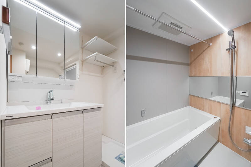 洗面化粧室、バスルームはどちらも無理のない広さを確保しており、シンプルで使いやすそう。バスルームは浴室乾燥機完備ですよ。