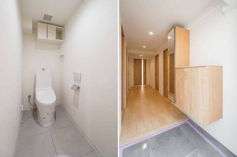 <b>左・</b>ホワイトで統一された清潔感あるトイレ。／<b>右・</b>写真で伝わるでしょうか？ こちらの物件は廊下の横幅が広く、玄関に立った瞬間にゆとりを感じるんです。個人的にいいなと感じたポイントです！