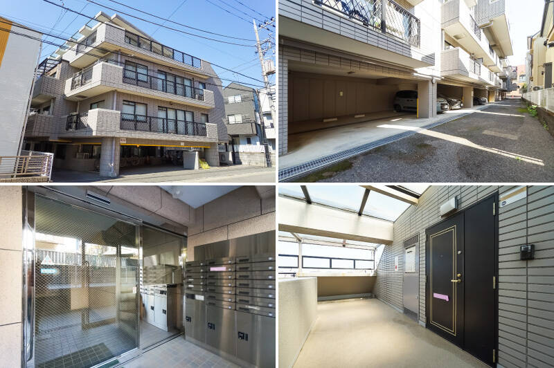 <p><b>左上・</b>1995年築、総戸数19戸の小規模なマンション。月々の共益費はやや重ために設定されているため、そこに納得感が持てるかは現地にてご確認ください。／<b>右上・</b>うれしいことに、物件には<b>平置き＆屋根付きの専用駐車場が付属</b>します！ 月額3,000円で利用できますよ。／<b>左下・</b>平成生まれらしく、オートロックや宅配ボックスを完備◎／<b>右下・</b>ご紹介の住戸は4階でエレベーターを降りてすぐのところに。ガラス張りの天井が明るくていい雰囲気ですね。</p>