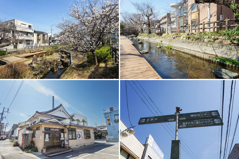 <b>左上・</b><b>右上・</b>街のおすすめスポットは「二ヶ領（にかりょう）用水」。せせらぎに沿って遊歩道やベンチが整備され、季節を身体で味わえます。カモや野鳥もたくさんいて癒されますよ！（徒歩5分）／<b>左下・</b>昔ながらの銭湯「宿河原浴場」も。街のローカルな雰囲気が伝わりますでしょうか？（徒歩7分）／<b>右下・</b>「宿河原」駅前の案内板をよく見るとスネ夫の姿が。「藤子不二雄ミュージアム」が近いんですね♡（徒歩20分）