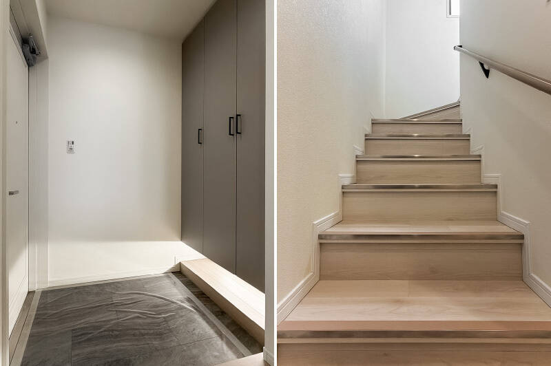 <b>左・</b>玄関にはフロートタイプの下足入れが。／<b>右・</b>4階へ上がる階段。