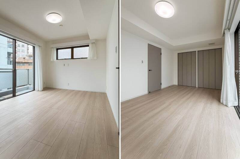 玄関ホールを抜け、LDKと反対側の洋室Aへ。北東向きのバルコニーと南東向きには上部に窓があり、明るい印象。折れ戸2枚分のクローゼットがふたつ備わっています。