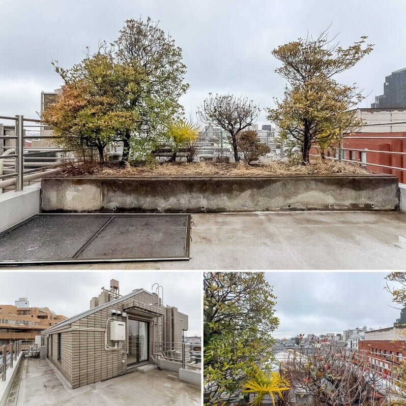 <b>上・</b>ルーフバルコニーの一部には植栽が植えられていて、グリーンを楽しめます。／<b>左下・</b>バルコニーはL型になっており、左手側には洗濯機置き場横から出られる扉もありますよ。／<b>右下・</b>北西側の眺め。背の高い建物は周囲に少なく、"外” をしっかり感じることができそうです。