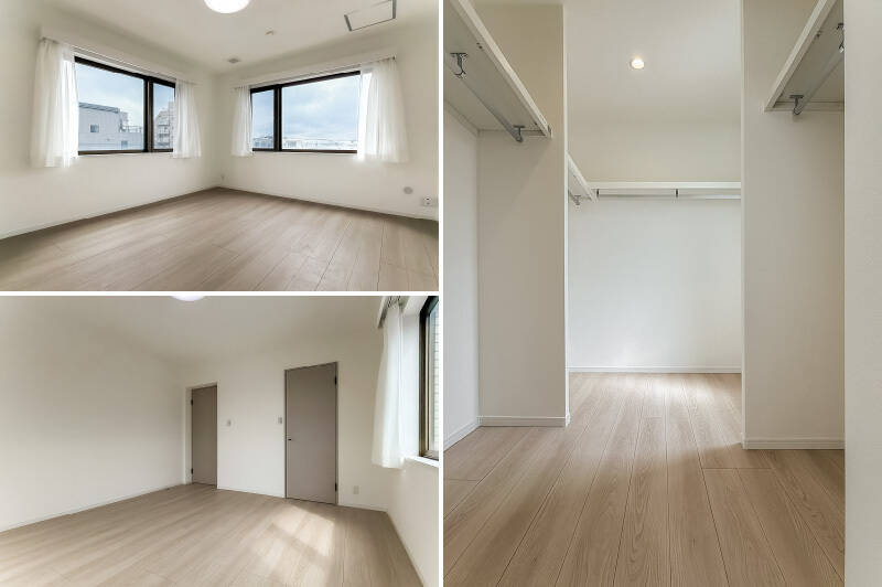 洋室Cは約9帖の広さ。南東と南西向きに窓があり、開放感を感じます。出入口とは別の扉を開けると……とっても広いウォークインクローゼット（WIC）が。WICの中にも窓がありますよ。