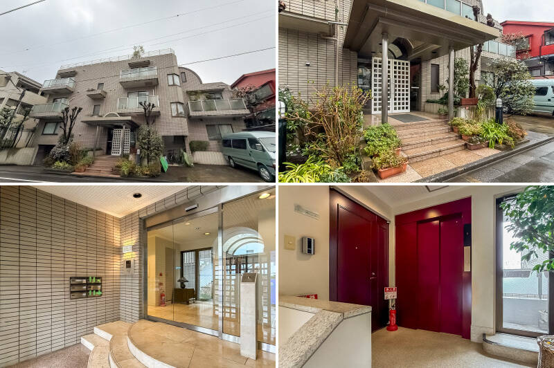 <b>左上・</b>総戸数6戸、新耐震基準の1988年竣工のマンション。タイル貼りの外観です。／<b>右上・</b>エントランスには4段の階段があり、スロープはありません。／<b>左下・</b>オートロック付きのエントランス。こちらにも階段があります。／<b>右下・</b>3階玄関はこちらの住戸のみでプライバシー的に◎ エレベーターはかなりコンパクトなので、大きな物を搬入時には注意が必要かも。