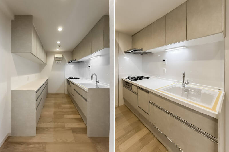 キッチンは、3口ガスコンロ・食洗機・浄水器・上下にたっぷりの収納を完備しています。