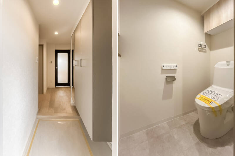 <b>左・</b>廊下から水まわりへアクセス。LDKへ繋がるガラス入りの扉から光が届き、廊下もほんのり明るい印象です。靴収納のほかに、もうひとつ収納が備わっていますよ。／<b>右・</b>吊り戸棚付きのトイレ。