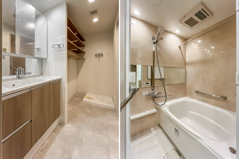 <b>左・</b>洗面室にはオープンタイプの収納棚があり、リネン類をしまうのに便利です。／<b>右・</b>バスルームは浴室乾燥機付き。