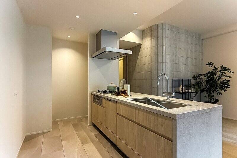 クォーツストーンの天板が美しい、対面式のアイランドキッチン。背面には十分なスペースがあり、お好みのカップボードを置くことができます。