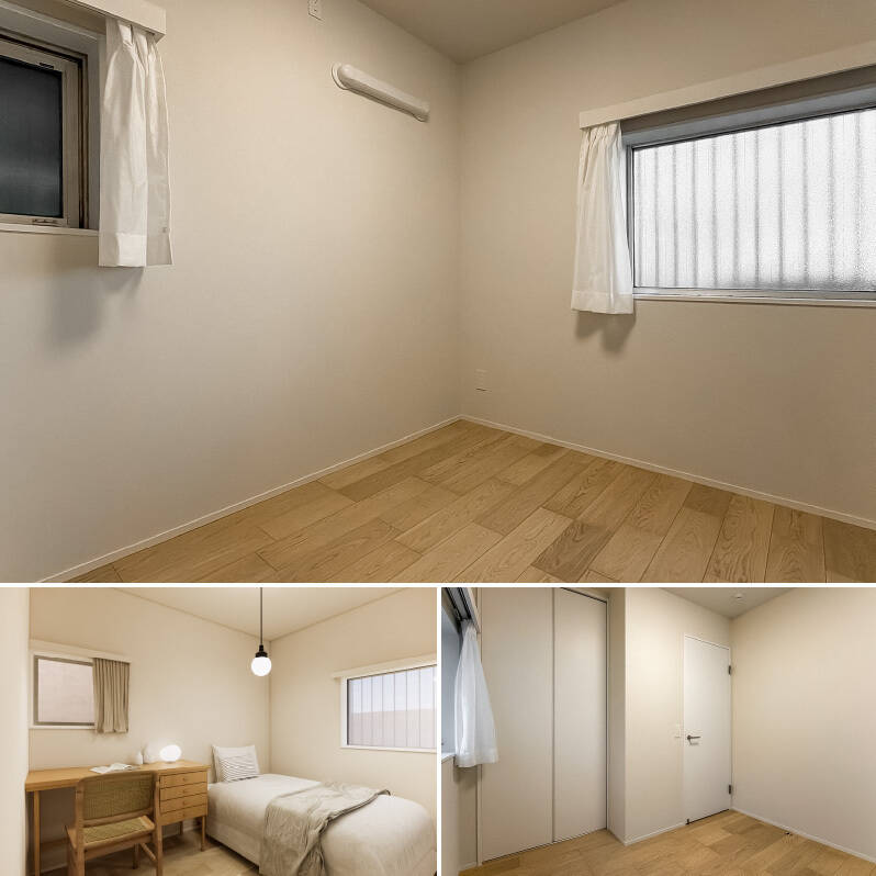 洋室Bには、北東とマンションの駐車場に面する北西の二面に窓があります。折れ戸2枚分のクローゼット付き。（左下・CGイメージ）