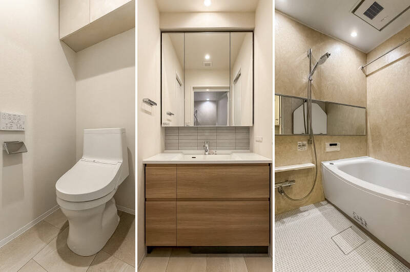<p><b>左・</b>トイレには洗面室から引き戸でアクセスします。／<b>中央・</b>洗面台は、横長のタイルと三面鏡を設置した機能的で美しいデザイン。／<b>右・</b>1317サイズのユニットバス。浴室乾燥機を完備しています。</p>
