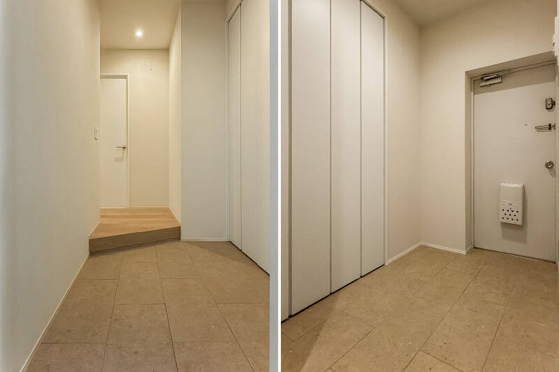 玄関まわりには、大容量のシューズインクローク（SIC）を設置。上がり框（かまち）は斜めにカットされており、視線が自然と奥へと誘導されるデザインです。