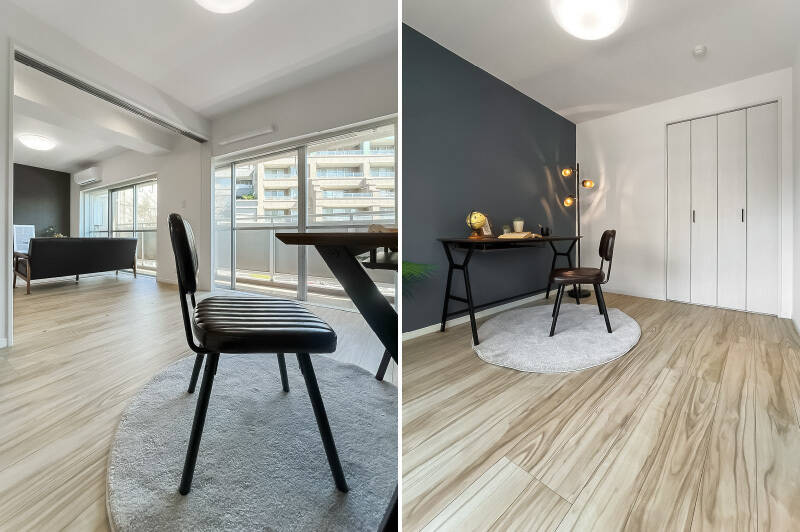 LDKとの間の引き戸は上吊式で床にレールがないタイプのため空間に一体感を感じます。折れ戸2枚分のクローゼットも備わっていますよ。