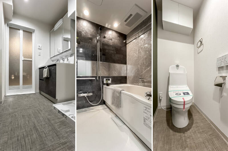 <b>左・</b>洗面室はゆとりあるスペース。洗面台は三面鏡付きです。／<b>中央・</b>スタイリッシュなカラーリングの浴室。1216サイズのユニットバスで、浴室換気乾燥機と追焚き機能が付いています。／<b>右・</b>グリーンのアクセントクロスが施されたシンプルなトイレ。