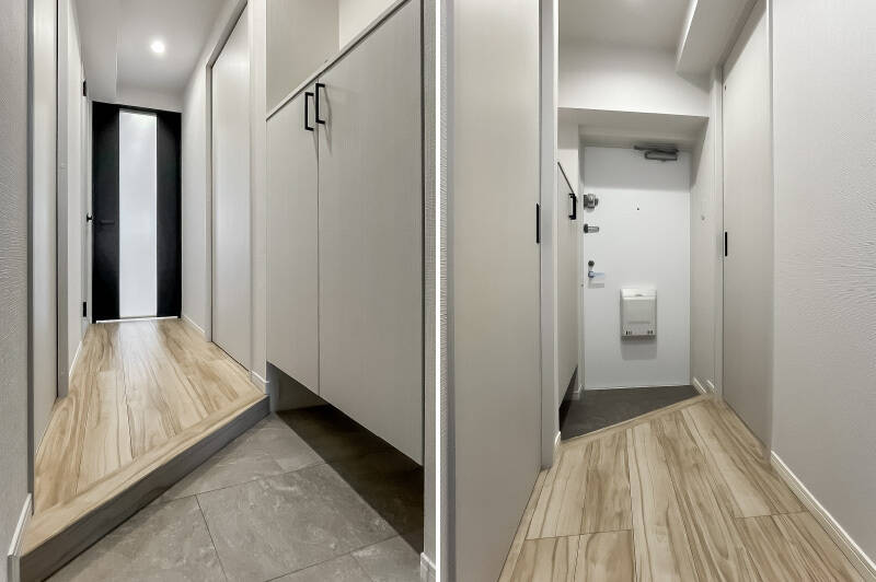 コンパクトな廊下と玄関。玄関を斜めにすることで、空間を最大限有効に使う工夫がされていますね。