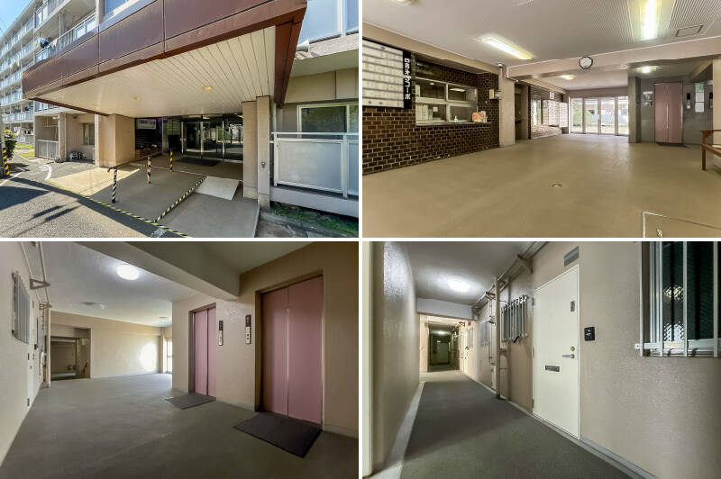 <b>左上・</b>スロープ付きのアプローチ。／<b>右上・</b>広々としたエントランス。管理人さんは日勤で勤務されています。／<b>左下・</b>エレベーターは2機あり、朝の時間帯にも安心です。／<b>右下・</b>共用廊下とご紹介した住戸の玄関扉。