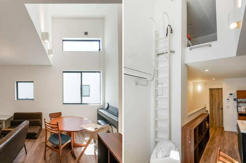 リビングの一角は、開放感がある吹き抜け設計。その上部には便利なロフトが備わっています。ロフトの広さは約14㎡。季節家電やスーツケースなど、出し入れが少ないものはこちらに収納するのがよさそうですね。