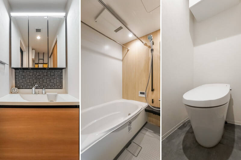 <b>左・</b>タイル貼りがかわいらしい洗面台。反対側には洗濯機置き場があります。／<b>中央・</b>1416サイズのシンプルなユニットバス。／<b>右・</b>玄関近くにあるトイレは、スタイリッシュなタンクレスタイプ。収納に便利な吊り戸棚と手洗い器が付いています。