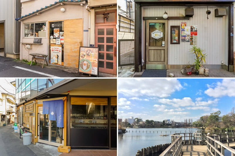 <b>左上・</b>手づくりのスパイス料理とお酒を楽しめる「curry but curry（カリバカリー）」。人気の2種のあいがけカレーを求め、わざわざ訪れる方も多いとのこと。（徒歩8分）／<b>右上・</b>沖縄料理と旬の肴を味わえる「沖縄料理あちここ」。（徒歩6分）／<b>左下・</b>「酔い肴とメシ かもすや」では、全国各地から仕入れた日本酒や、豊洲市場から毎朝直送される鮮魚を使った逸品を味わえます。（徒歩7分）／<b>右下・</b>お子さまと外で遊ぶときは、「洗足池公園」まで足を運ぶことが多いとのこと。（徒歩12分）