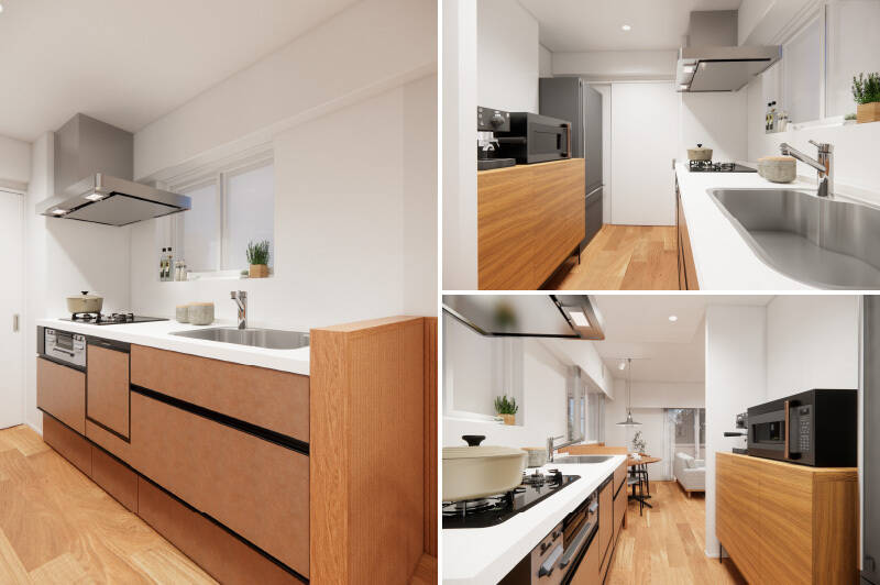 キッチンは壁付けタイプ。3口ガスコンロ・食洗機を完備します。