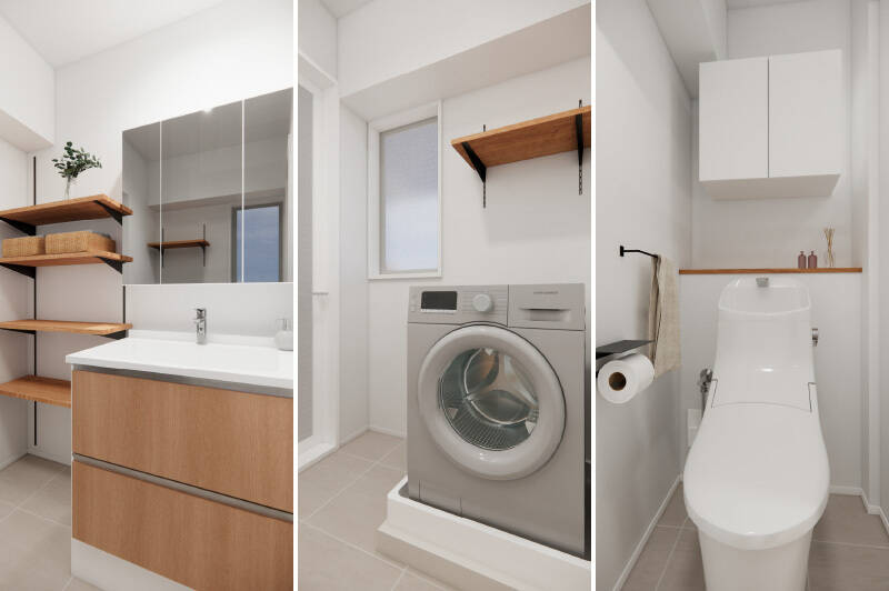 <b>左＆中央・</b>洗面台横にはオープンな木製棚を設置します。開閉可能な窓があり、換気が可能です。／<b>右・</b>廊下からアクセスするトイレ。吊り戸棚のほかにも、香り系のアイテムなどを飾れるニッチを設けます。