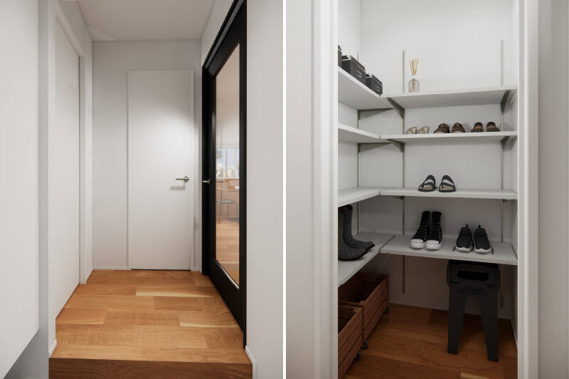 玄関を上がってすぐの廊下には、二面に可動棚を配した納戸が。