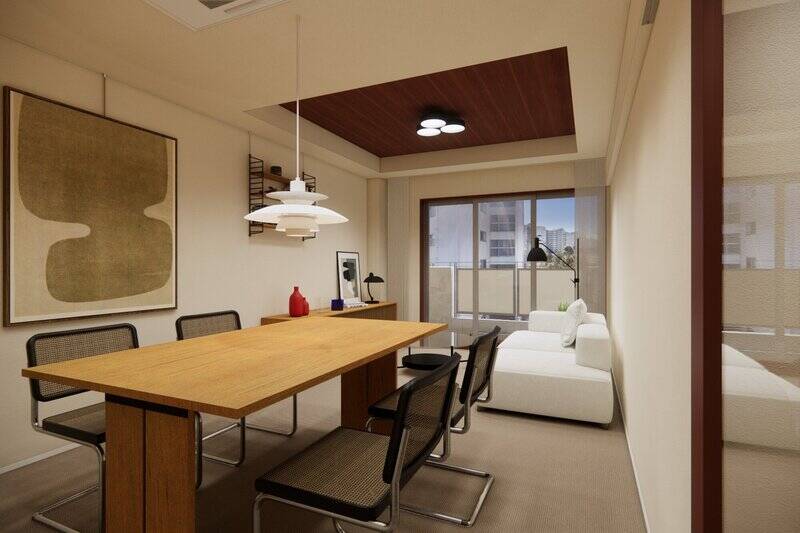 まずは約14.2帖のLDKから、CGイメージでご紹介します。南西向きのバルコニーから穏やかな光が差し込み、ベージュのクロスとライトブラウンのカーペットが空間全体を包み込んでいます。