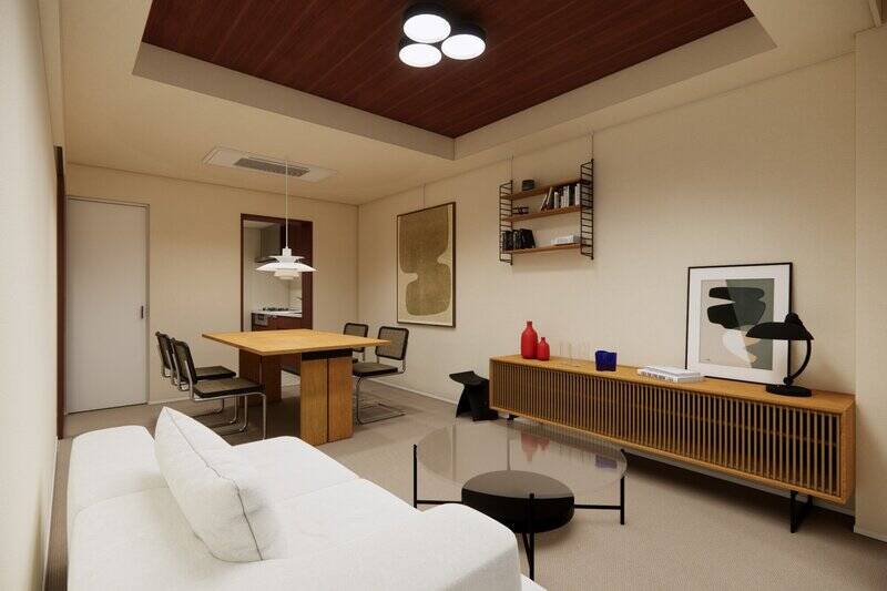 見上げると、木目調のクロスが貼られた折り上げ天井が。建具や窓枠にもレッドブラウンのアクセントを入れ、空間をに一体感を持たせます。