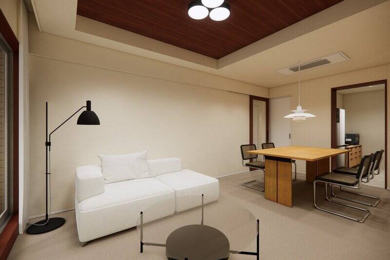 マンションの規約により、居室の床はカーペット仕様。ふかふかとしたやわらかな質感は、ホテルライクな心地よさを与えてくれます。壁式構造のため梁（はり）や柱の凹凸が少なく、家具を壁際にぴたりと配置できるのもうれしいポイントです。