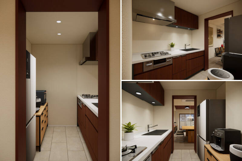 キッチンは、リビングダイニングから奥まった場所に配置。カウカモオリジナルのオーダーキッチンで、家具のような佇まいに仕上げます。