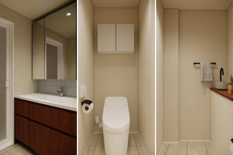 <b>左・</b>ワイドなサイズのオリジナル洗面台。アクセントタイルの質感が、毎朝の身支度を特別な時間に変えてくれそう。／<b>中央＆右・</b>トイレは廊下からアクセスする間取り。お手入れがしやすいタンクレスタイプで、独立の手洗いカウンターを設けます。