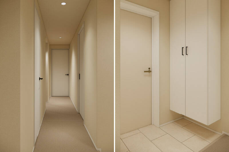 玄関まわりは、住まいの顔としての落ち着きを演出したシンプルなデザイン。シューズボックスはトールサイズを採用します。