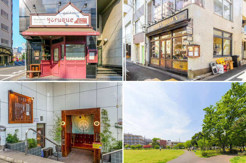 <b>左上・</b>「バーラヴァン・ムッシュヨースケ」は、欧風カレーが名物のフレンチレストラン。どこか懐かしい雰囲気が漂う店内で、本格ビストロを楽しめます。（徒歩5分）／<b>右上・</b>アメリカンダイナーのような佇まいのグルメハンバーガーショップ「GOLDEN BROWN（ゴールデンブラウン）」。もちろんテイクアウトも可能です。（徒歩3分）／<b>左下・</b>池尻大橋方面に向かうと、湯気のいい香りが。体の底からリフレッシュしたい日は、サウナ併設のデザイナーズ銭湯「文化浴泉」へ。（徒歩6分）／<b>右下・</b>気分転換には、マンションから徒歩5分の「東山公園」もおすすめ。のんびりと過ごせる木陰のベンチがあり、芝生広場でピクニックもできます。