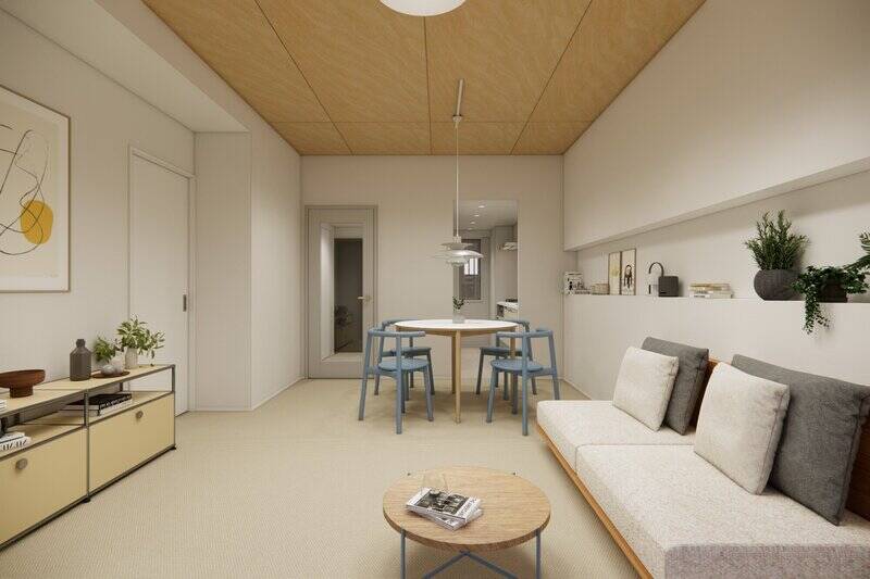 こちらのマンションでは、管理規約上の制約でフローリングが使用不可。しかしそれを逆手に取り、内装に木のアクセントを散りばめることで、ほかにはない個性的でくつろげる空間を創り出します。