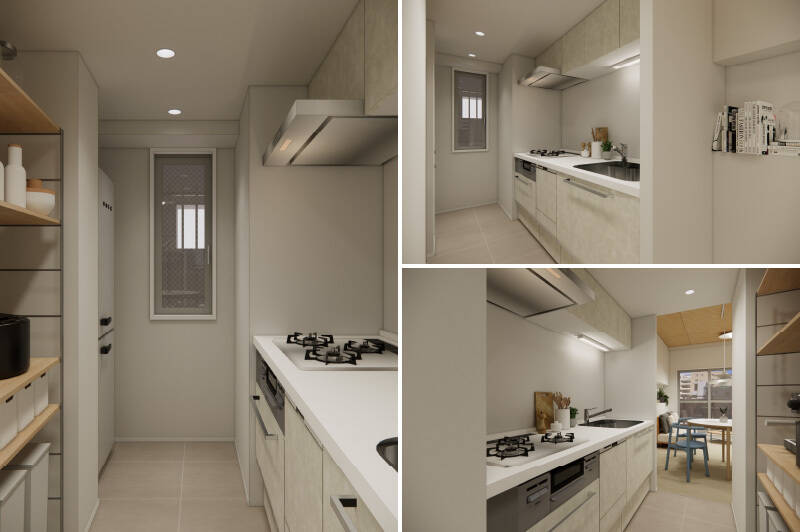 キッチンは3口コンロタイプで食洗機付き。リビングダイニングから奥まった位置にあるので、生活感を抑えられるのがうれしいポイント。背面には冷蔵庫やカップボードを置いても十分なゆとりがあります。