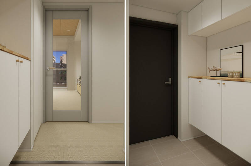 <b>左・</b>玄関扉を背にしたカット。玄関を上がってすぐ左手にある扉の中は洗濯機置き場です。／<b>右・</b>玄関の飾り棚はお気に入りのアートや季節の花でアレンジ。帰宅のたびに、住まいの「こだわり」を一番に感じられる場所です。