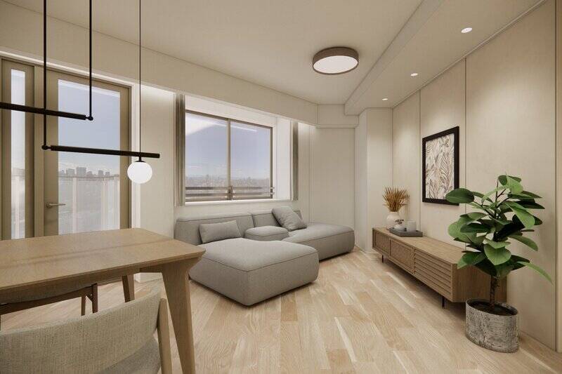 LDKはゆとりある約17.5帖。南西向きの大きく開口した窓からは、あたたかな日差しが差し込んできます。リビングダイニング（LD）からは、バルコニーへアクセス可能。