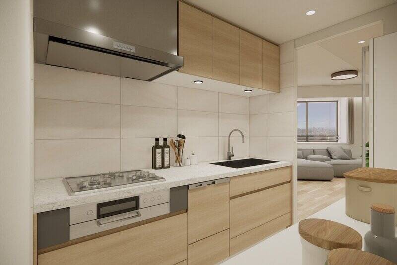 LDからの動線を確保しつつ、ほどよく独立性があるキッチン。3口コンロや食洗機、浄水器付き水栓に加え、シンクにはディスポーザーが備わります。