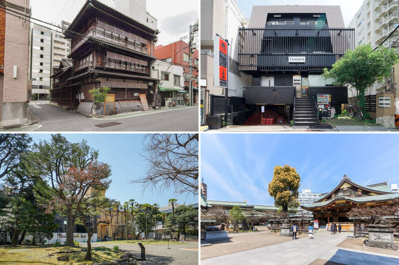 <b>左上・</b>老舗串揚げ屋さん「はん亭」。料理も風情ある佇まいも◎ 関東大震災にも耐え、登録有形文化財に指定されている木造3階建ての店舗です。（徒歩5分）／<b>右上・</b>有名レストラン出身のシェフが腕を振るう、本格フレンチビストロが楽しめる「Wine厨房 TAMAYA根津」。（徒歩6分）／<b>左下・</b>「旧岩崎邸庭園」は、園内に大名庭園を一部踏襲する優雅な庭が広がり、歴史的建造物は国の重要文化財に指定されています。（徒歩9分）／<b>右下・</b>学問の神様、菅原道真を祀る「湯島天満宮」も徒歩圏内にありますよ。（徒歩12分）