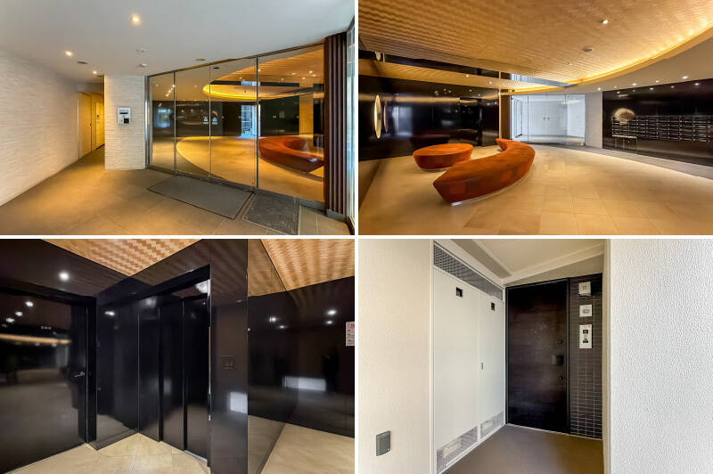 <b>左上・</b>マンションはオートロック付きで防犯面◎ ／<b>右上・</b>ラグジュアリーな共有ロビー。写真右奥はメールボックスです。／<b>左下・</b>エレベーターで今回の目的地の5階に向かいます。／<b>右下・</b>住戸前に到着。