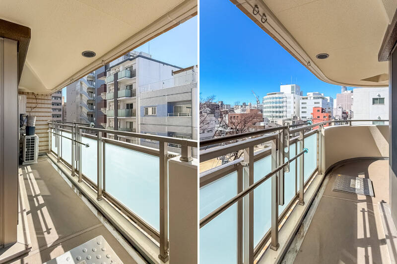 カーブがかったワイドなバルコニー。お洋服のほかに、お布団も同時に干せそうな広さですね。