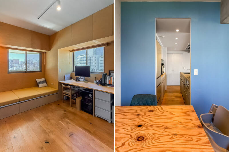 <p><b>左・</b>小上がりの下部、デスクスペースの上部には収納も備わっています。／<b>右・</b>ダイニングとキッチンをつなぐ壁面は、ブルーカラーで空間のアクセントに。</p>