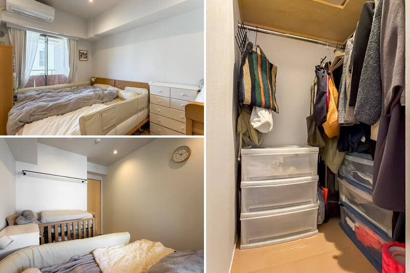 約6帖の洋室はウォークインクローゼット付き。L字型に枕棚とハンガーパイプが備わっています。