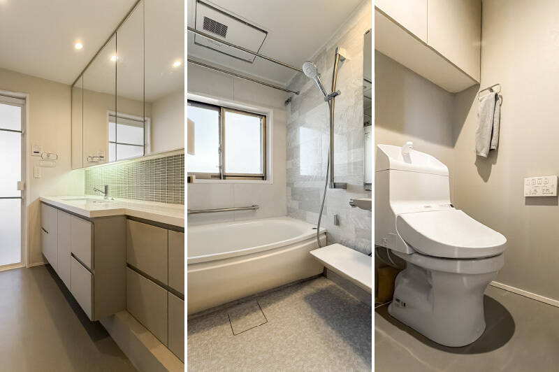 <p><b>左・</b>ワイドサイズの洗面台。手前側の天板は奥行きが浅いですが、飾り棚や身支度時の小物の一時置き場として、活用できる場面はたくさんありそうです。／<b>中央・</b>2024年に更新された1418サイズのユニットバスは、浴室乾燥機付き。それに加え、西側には窓も完備。湿気がこもらずいつも清潔に保てるのがうれしいですね。 ／<b>右・</b>トイレには吊り戸棚が備わっています。</p>