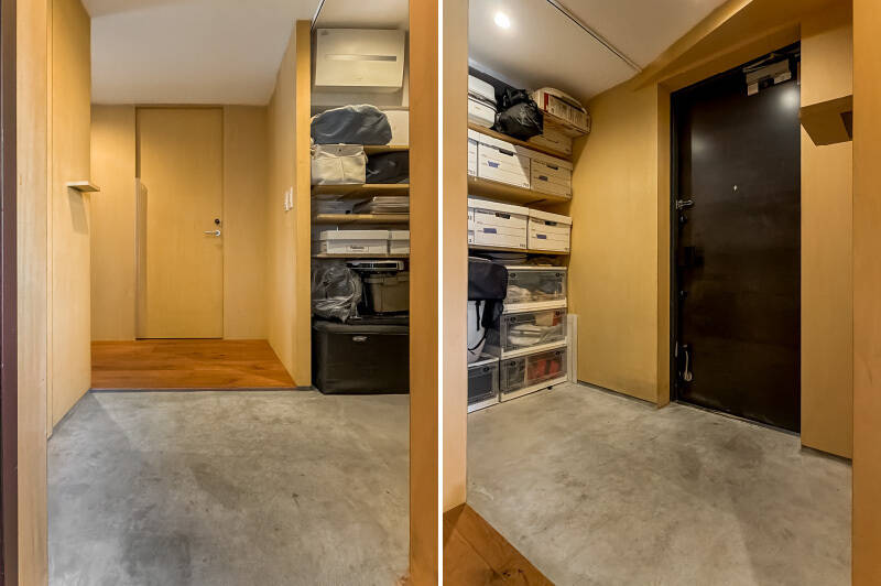 玄関入って右手には、L字型に収納を完備。可動棚になっているので、収納物に合わせてフレキシブルに活用できます。天井にはカーテンレールが備わっているので、来客時には隠せるところが推しポイント。