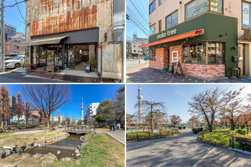 <b>左上・</b>カフェ「SINGLE O（シングル オー）」では、厳選された豆を使用したブレンドコーヒーが堪能できます。マンションから徒歩3分という距離なので、常連になってしまいそう。／<b>右上・</b>「Shake Tree Burger &amp; Bar（シェイクツリー）」では、牛100%のパティを使用した、ステーキのような肉感のあるハンバーガーが味わえます。（徒歩3分）／<b>左下・</b>「東京スカイツリー」の近くまで伸びる、「大横川親水公園」。段々と近くなるスカイツリーを眺めながらのお散歩は楽しそうですね♪ （徒歩4分）／<b>右下・</b>休日は少し足を伸ばして「隅田公園」に行くのはいかがでしょうか？ 愛犬家にうれしいドッグランが試験設置されています♡ （徒歩18分）