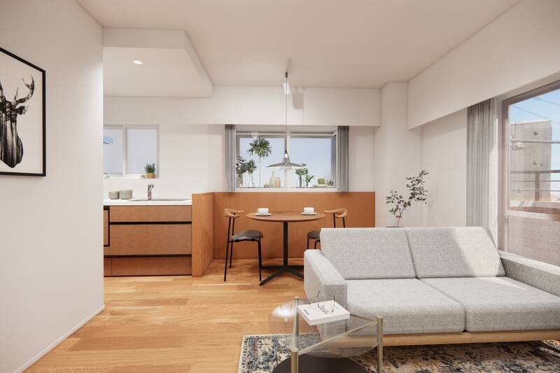 ここからはCGイメージでご紹介します。約11.7帖のLDKは、北東向きのバルコニーと北西向きの出窓に面した二面採光。