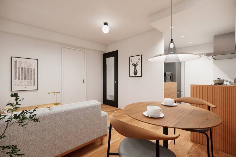 白や木目を基調に、リブ材の腰壁を空間のアクセントに効かせた、ナチュラルな印象の内装です。