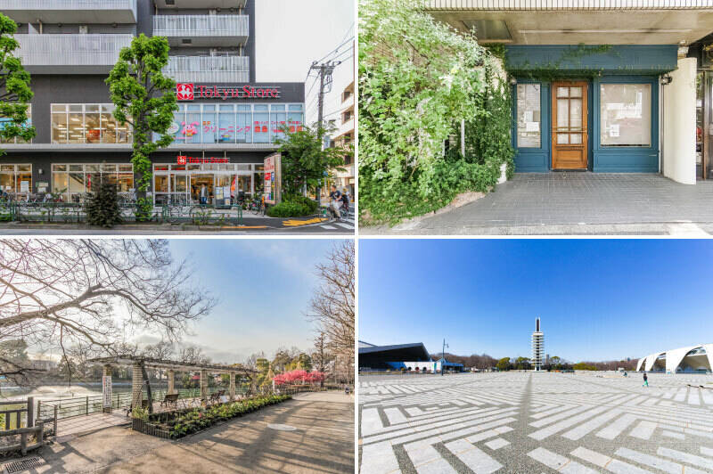 <b>左上・</b>マンションから徒歩7分、駒沢通り沿いにある「東急ストア 駒沢通り野沢店」。／<b>右上・</b>遠方からも通うファンもいる「パティスリー ジュン ウジタ」。来客を迎える日に、特別な日に、そして自分へのご褒美にどうぞ。（徒歩13分）／<b>左下・</b>「碑文谷公園」は、ボートやポニーにも乗れる充実したアクティビティが魅力。（徒歩7分）／<b>右下・</b>週末は「駒沢オリンピック公園」へ。（徒歩18分）