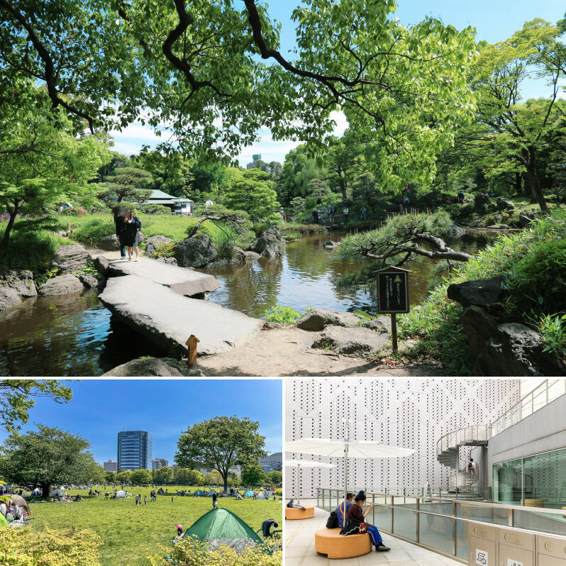 <b>上・</b>駅からほど近く、池を中心とした美しい景観が広がる「清澄庭園」。（徒歩10分）。／<b>下・</b>広大な芝生やバーベキュー場がある「木場公園」。公園内には、国内外の現代アートを肌で感じることができる「東京都現代美術館」も。（いずれも徒歩5分）